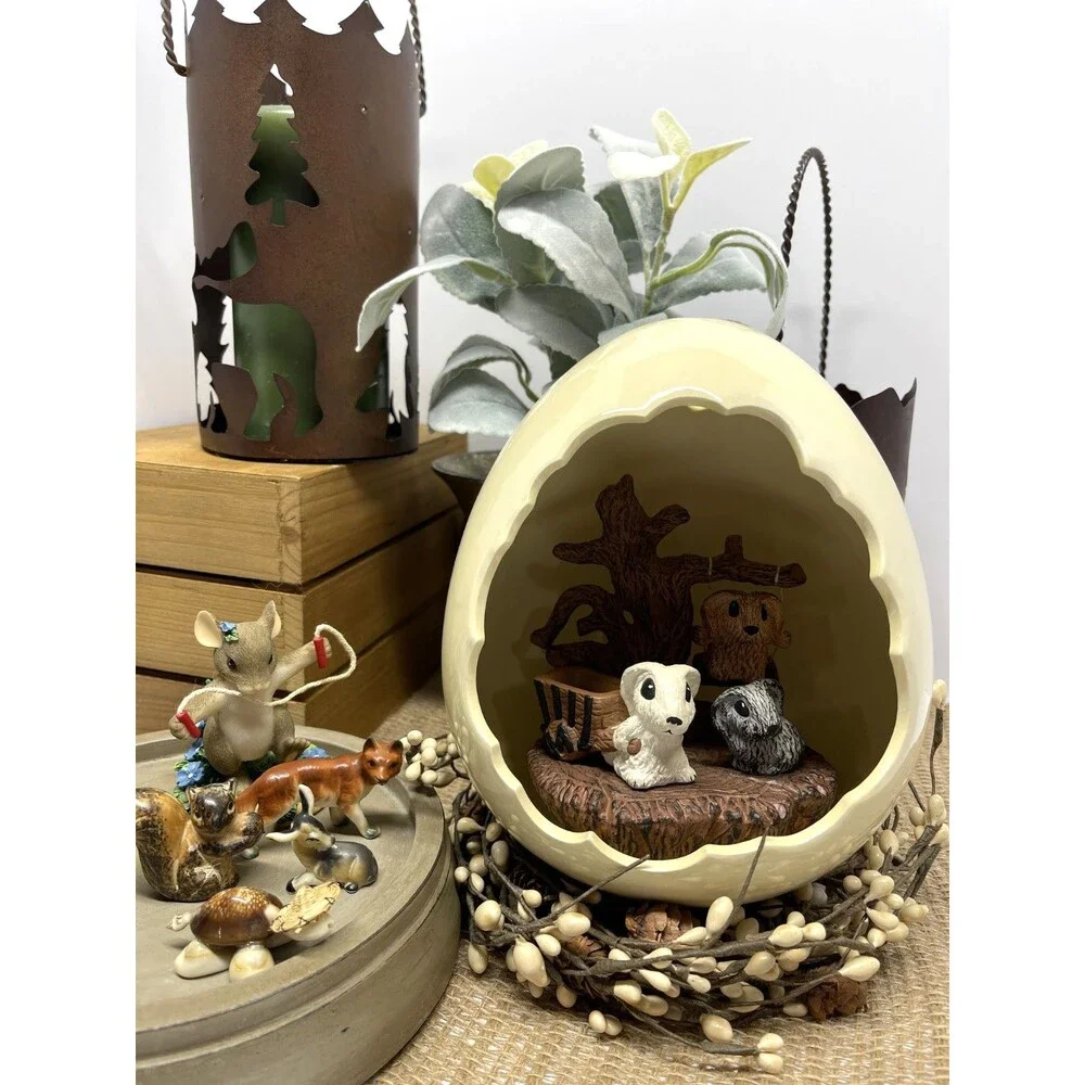 Vintage style ceramic egg diorama with woodland BUNNIES and tree swing, 7.5 inch